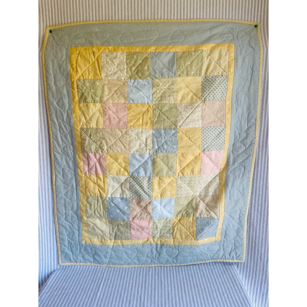 Handmade Patchwork Baby Hand Quilt Pastel Blue Yellow Nursery Blanket Heart Gift